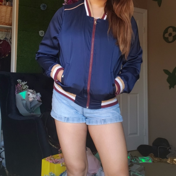 Satin Navy Bomber Jacket - Picture 3 of 3